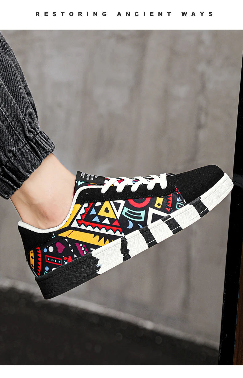 YRZL Men's Canvas Athletic Sneakers - Geometric Graffiti Print