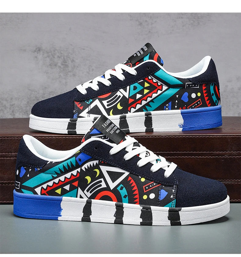 YRZL Men's Canvas Athletic Sneakers - Geometric Graffiti Print