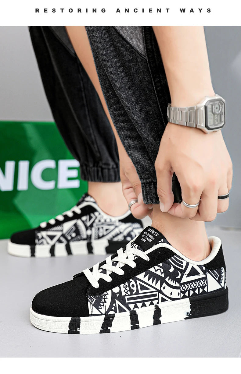 YRZL Men's Canvas Athletic Sneakers - Geometric Graffiti Print