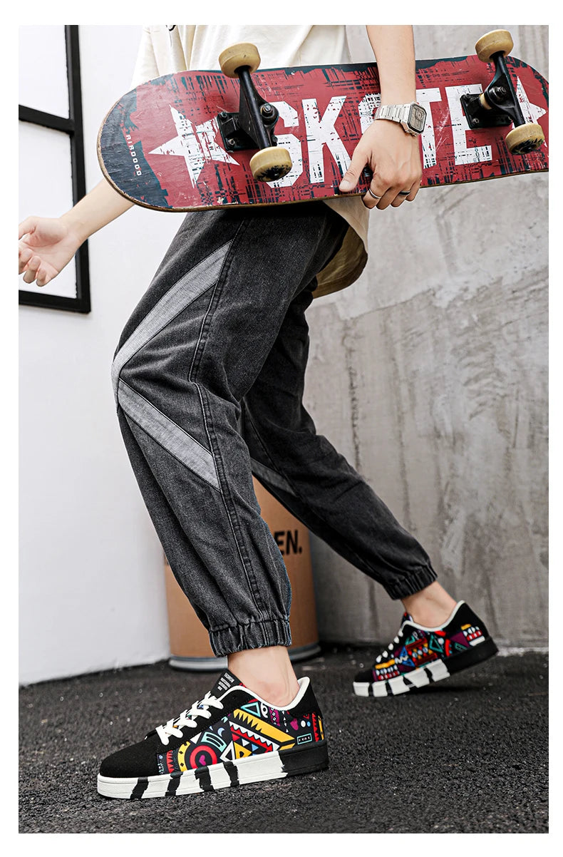 YRZL Men's Canvas Athletic Sneakers - Geometric Graffiti Print