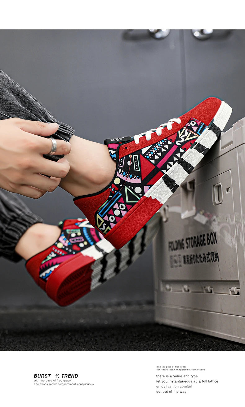 YRZL Men's Sports Canvas Sneakers - Geometric Graffiti Print Skate Shoes