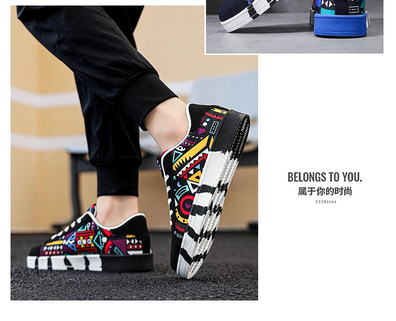 YRZL Men's Sports Canvas Sneakers - Geometric Graffiti Print Skate Shoes