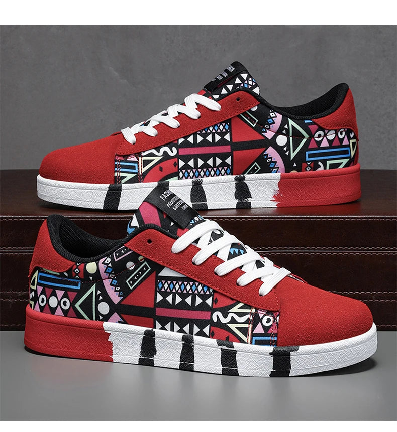 YRZL Men's Sports Canvas Sneakers - Geometric Graffiti Print Skate Shoes