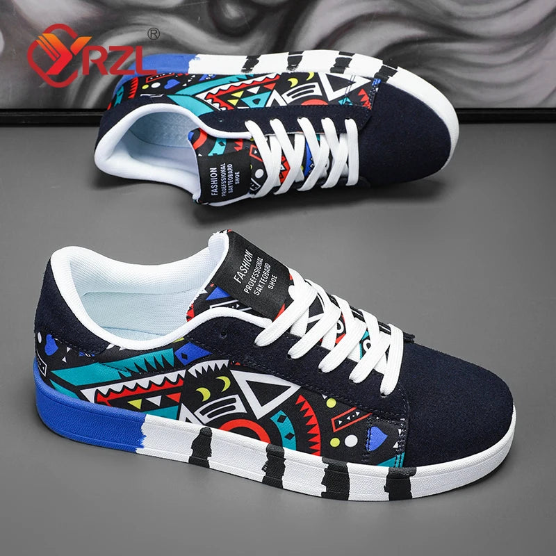 YRZL Men's Sports Canvas Sneakers - Geometric Graffiti Print Skate Shoes