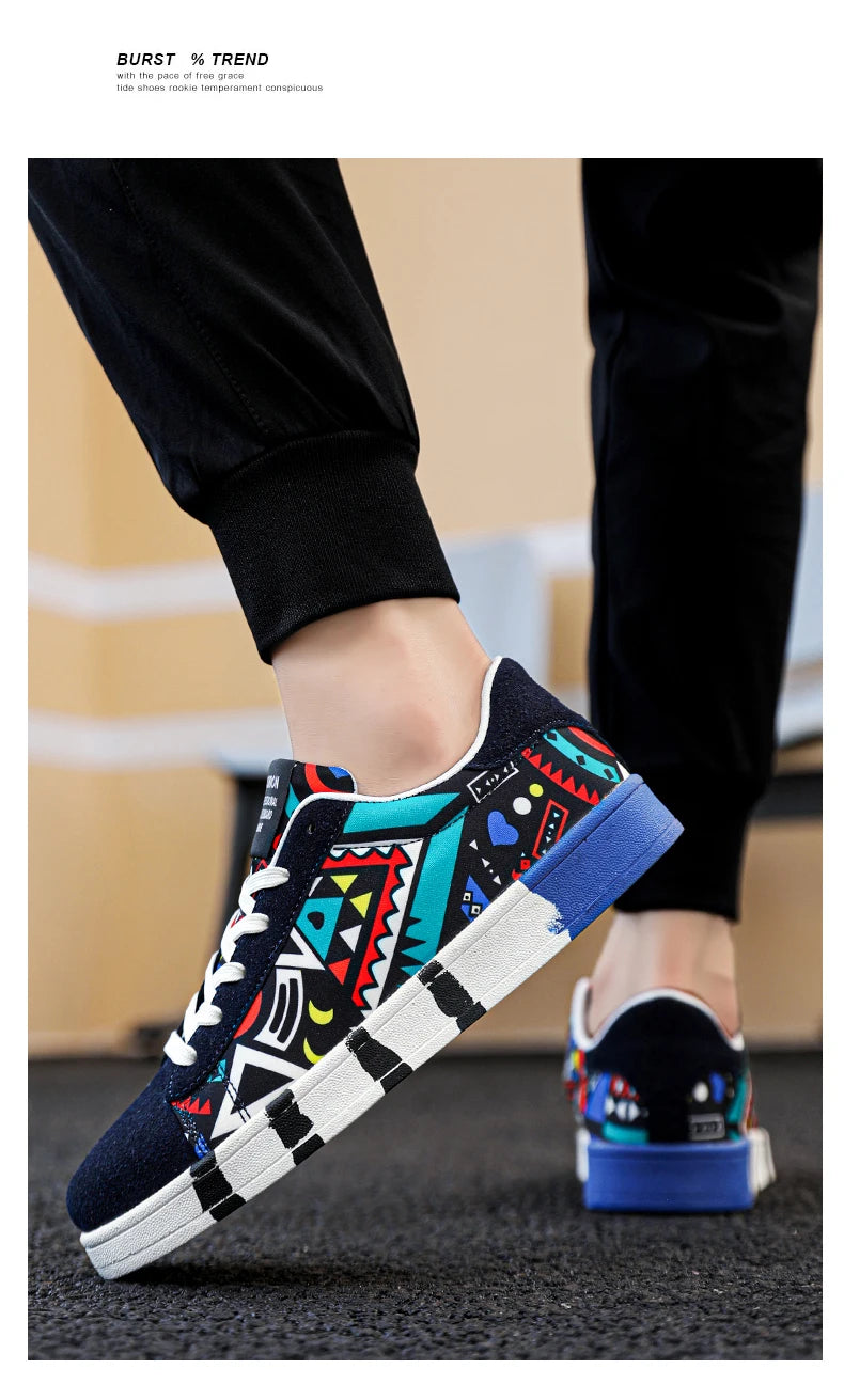 YRZL Men's Sports Canvas Sneakers - Geometric Graffiti Print Skate Shoes