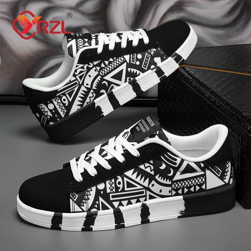 YRZL Men's Sports Canvas Sneakers - Geometric Graffiti Print Skate Shoes