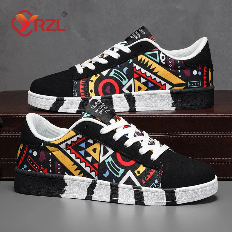 YRZL Men's Sports Canvas Sneakers - Geometric Graffiti Print Skate Shoes