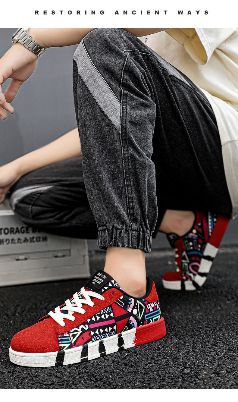 YRZL Men's Canvas Athletic Sneakers - Geometric Graffiti Print