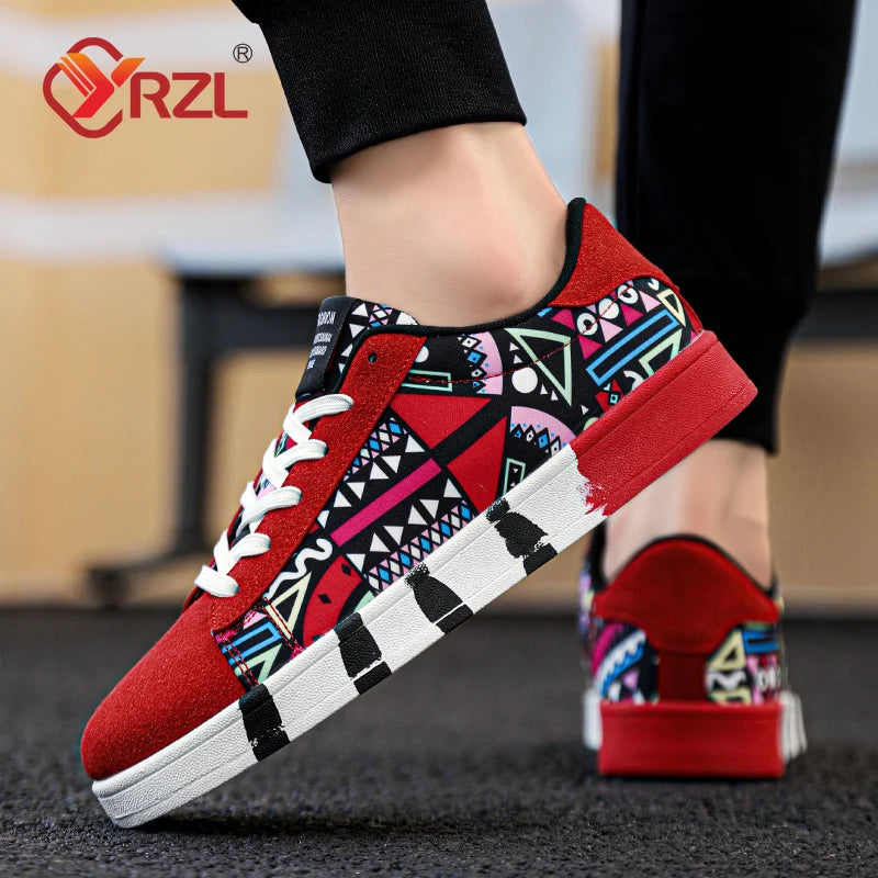 YRZL Men's Sports Canvas Sneakers - Geometric Graffiti Print Skate Shoes