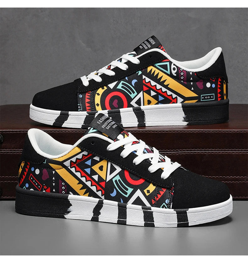 YRZL Men's Canvas Athletic Sneakers - Geometric Graffiti Print